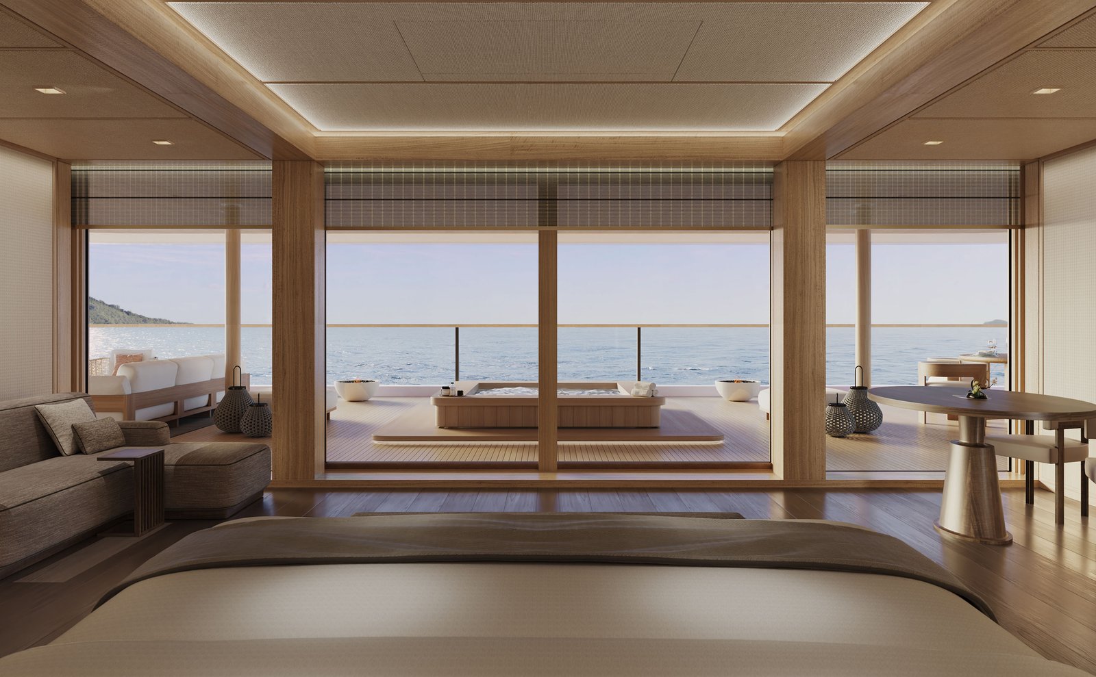 Interior da Aman Suite com vista para o terraço privativo em teca. Divulgação: Aman Resorts / SINOT.
